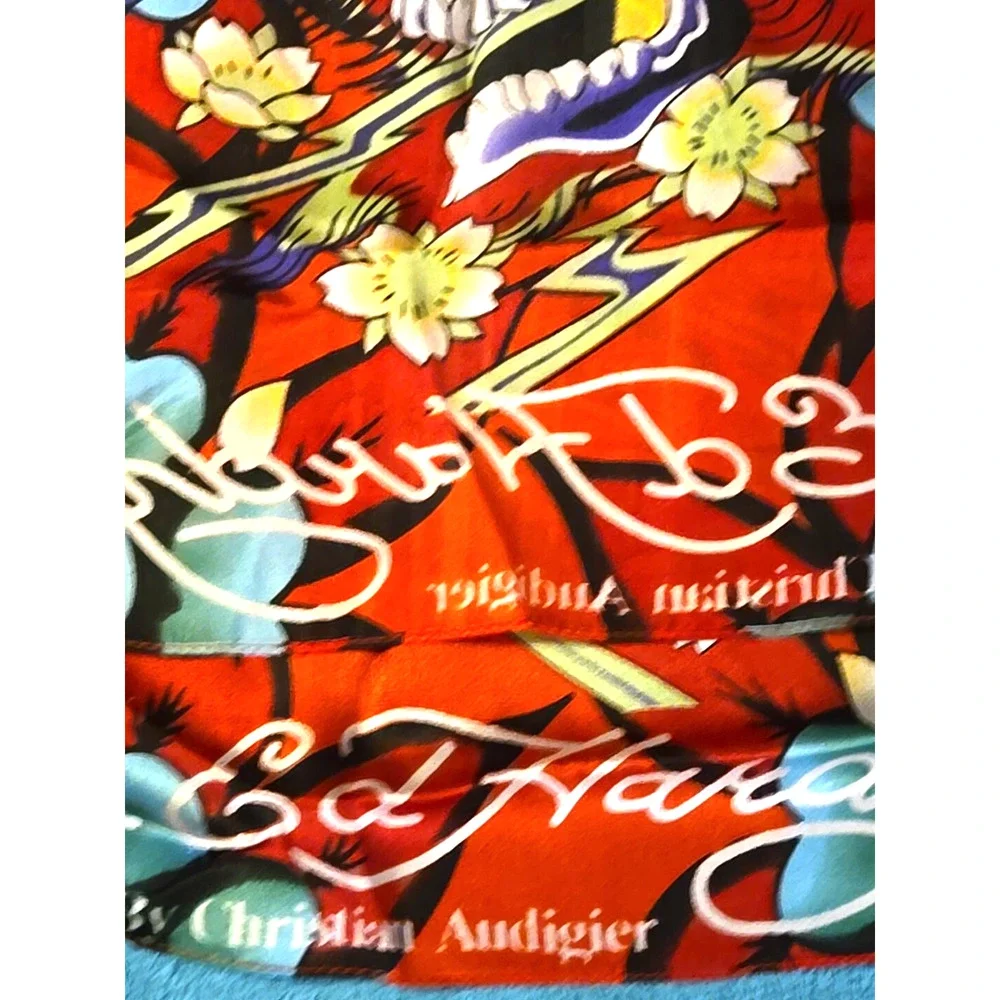 Ed Hardy Silk Scarf Skulls Signed With Zip Lock Protector Bag and Tag Card New